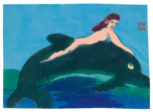 Walasse Ting | Dolfijn, viltstift en aquarel op papier, 11,7 x 16,3 cm, gesigneerd r.b. met stempelsignatuur