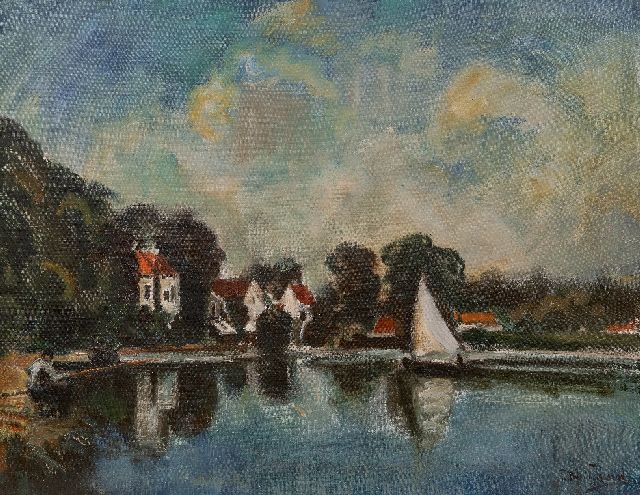 Piet van Wijngaerdt | Zeilbootje op 't Zuider Buiten Spaarne bij Haarlem, olieverf op doek, 70,5 x 90,2 cm, gesigneerd r.o. en zonder lijst