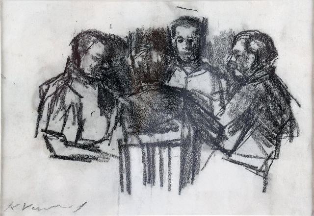 Kees Verwey | Kaartspelers, zwart krijt op papier, 17,0 x 25,5 cm, gesigneerd l.o.