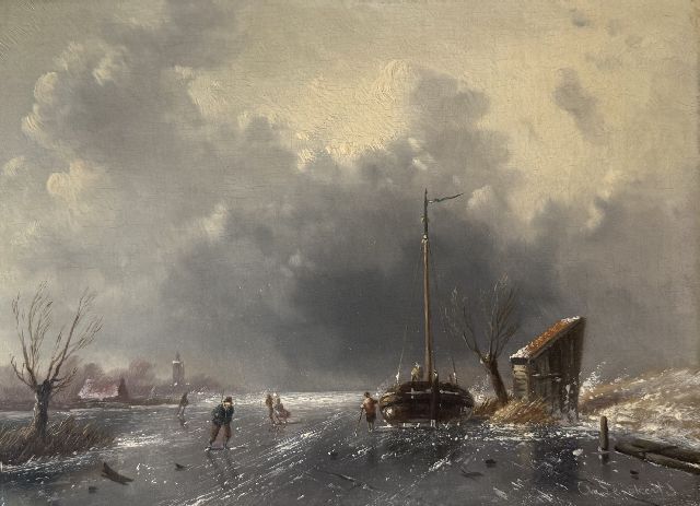 Charles Leickert | Schaatsers bij een naderende sneeuwstorm, olieverf op paneel, 18,6 x 25,8 cm, gesigneerd r.o.