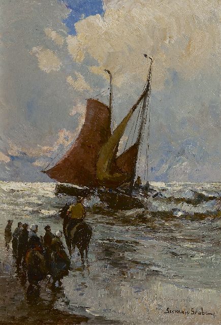 German Grobe | Vissers en bomschuiten in de branding, Katwijk, olieverf op paneel, 41,0 x 28,5 cm, gesigneerd r.o.