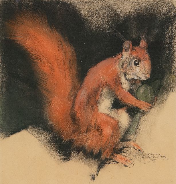 Hoff A.J. van 't | Eekhoorntje, houtskool en pastel op papier 28,2 x 27,2 cm, gesigneerd r.o. en gedateerd 1923