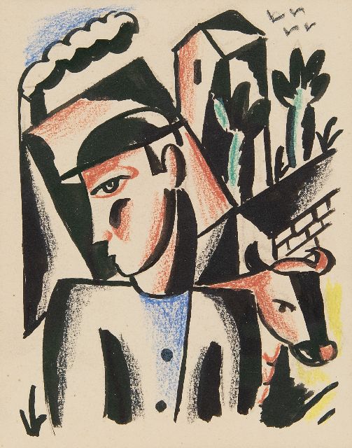 Hynckes R.  | Boer met koe, inkt en krijt op papier 15,3 x 12,3 cm