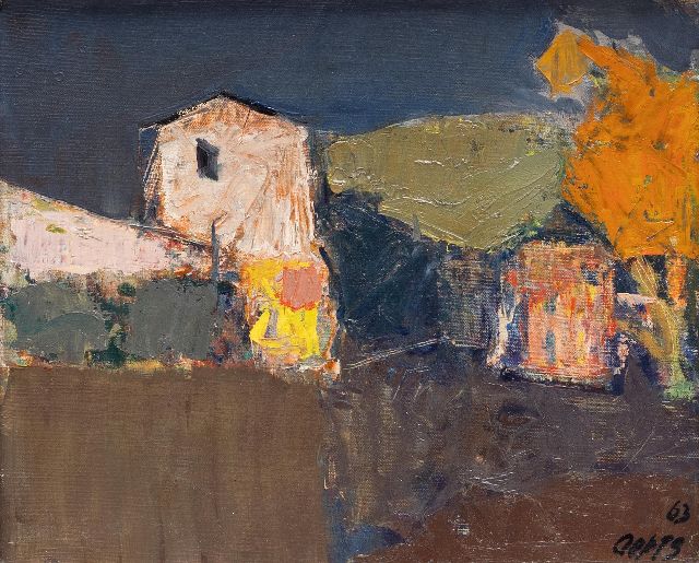 Wim Oepts | Boerderij, olieverf op doek, 26,0 x 29,0 cm, gesigneerd r.o. en gedateerd '63