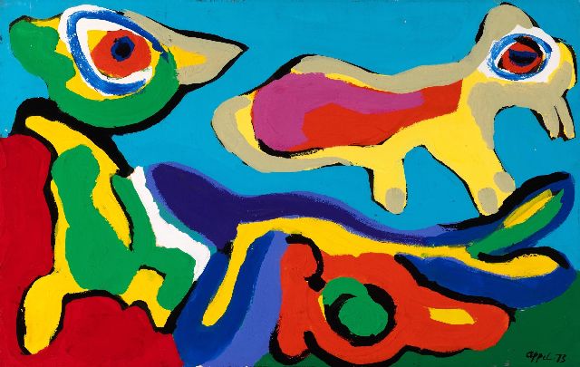Karel Appel | Birds, acryl op papier op doek, 48,5 x 77,0 cm, gesigneerd r.o. en gedateerd '73