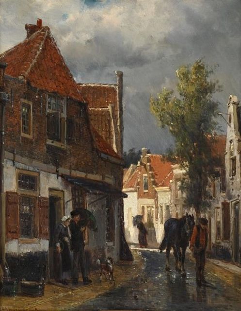 Cornelis Springer | Het regent in een straatje te Oudewater, olieverf op paneel, 24,5 x 19,0 cm, gesigneerd l.o. en gedateerd '80