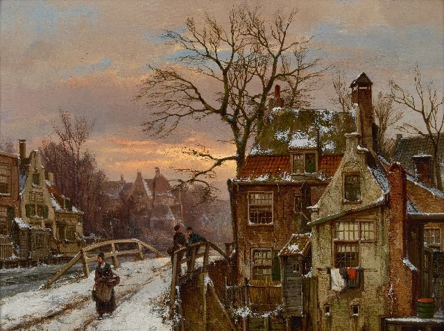 Willem Koekkoek | Besneeuwd stadsgezicht bij zonsondergang, olieverf op doek, 44,0 x 59,5 cm, gesigneerd l.o.