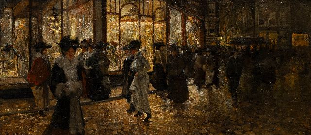 Frans Helfferrich | Elegante winkelende dames tijdens de koopavond van de Bonneterie in Den Haag, olieverf op doek, 70,0 x 157,0 cm, gesigneerd l.o.