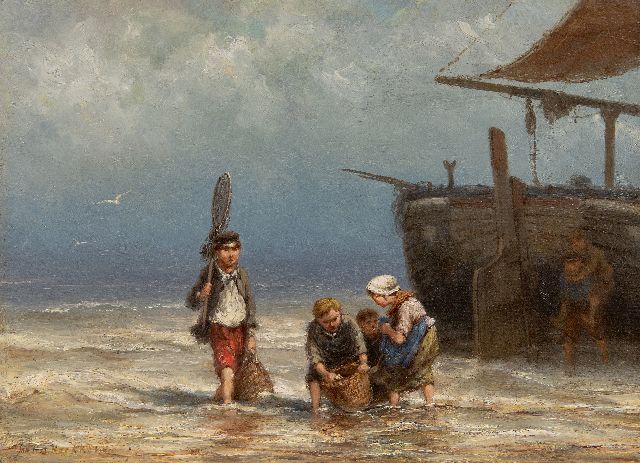 Jan H.B. Koekkoek | Jonge vissertjes bij het strand, olieverf op doek, 25,0 x 33,8 cm, gesigneerd l.o.