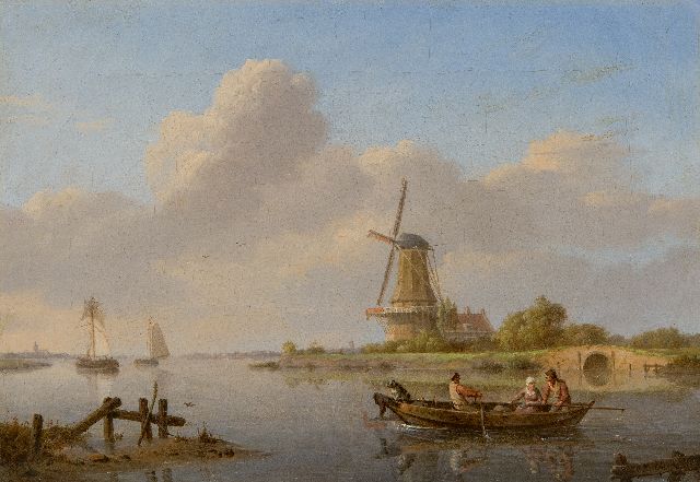 Johannes Hermanus Koekkoek | Kalm riviergezicht met molen en overzetveer, olieverf op doek, 23,5 x 33,6 cm, gesigneerd r.o.