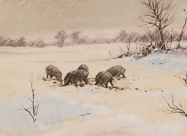 Rien Poortvliet | Wilde zwijnen in de sneeuw, Hoge Veluwe, gouache op papier, 12,6 x 17,3 cm