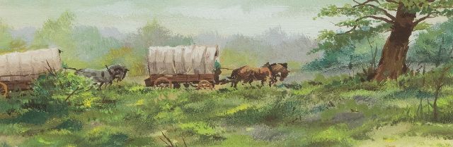 Rien Poortvliet | Hessenwagens in een Gelders landschap, aquarel op papier, 6,3 x 17,5 cm