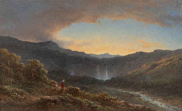 Johannes Hilverdink | Gouden zonsondergang bij een waterval, olieverf op paneel, 33,7 x 55,3 cm, gesigneerd l.o. en gedateerd 1874, zonder lijst