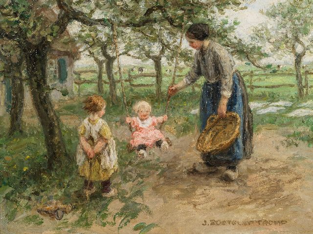 Jan Zoetelief Tromp | Schommelen in de boomgaard, olieverf op doek, 31,0 x 40,8 cm, gesigneerd r.o.