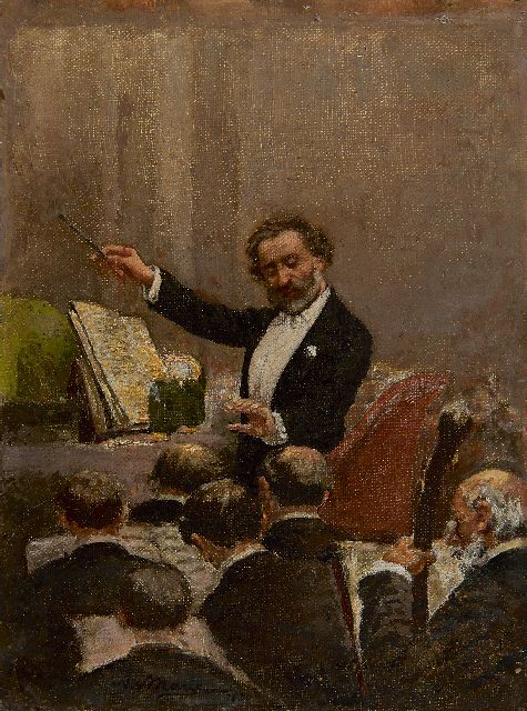 Marie A.E.  | Giuseppe Verdi dirigeert de eerste concert voorstelling van Aïda in Parijs, 1880, olieverf op doek 29,8 x 22,5 cm, gesigneerd l.v.h.m. en gedateerd 1880