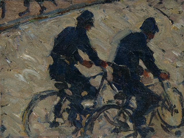 Johan Dijkstra | Twee fietsende veldwachters, olieverf op doek op paneel, 21,4 x 28,0 cm