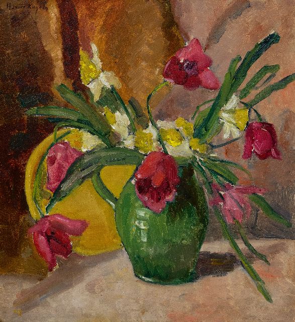 Harrie Kuijten | Bloemstilleven, olieverf op schildersboard, 49,8 x 44,8 cm, gesigneerd l.b.