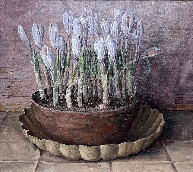 Jakob Nieweg | Schaal met krokussen, olieverf op doek, 40,2 x 45,3 cm, gesigneerd r.m. met monogram en gedateerd 1948
