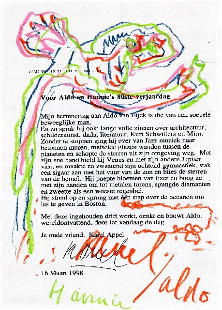 Appel C.K.  | Voor Aldo en Hannie's 80ste verjaardag (geïllustreerde brief van de kunstenaar aan het echtpaar, 1998), waskrijt op papier 41,9 x 29,7 cm, gesigneerd m.o. gesigneerd en met opdracht 'aldo Hannie' en 16 maart 1998