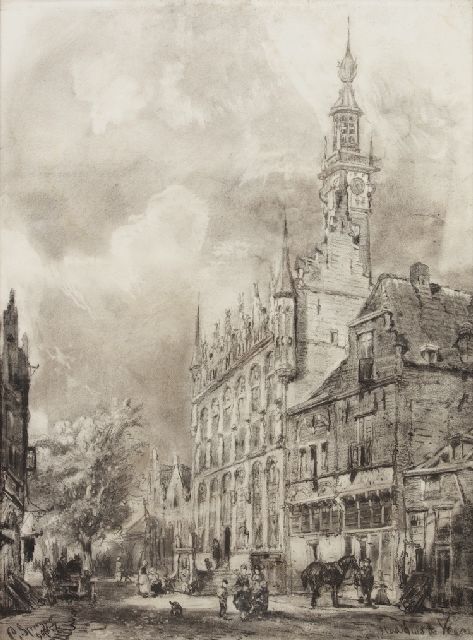 Cornelis Springer | Het stadhuis te Veere, potlood en krijt op papier, 67,0 x 50,0 cm, gesigneerd l.o. en gedateerd 9 okt 57