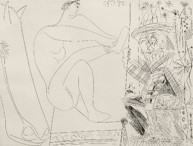 Picasso (Pablo Ruiz y Picasso) P.  | Au cirque. Écuyère se chaussant dans les coulisses et clown au trapèze, ets 31,4 x 41,2 cm, gesigneerd r.o. met naamstempel en gedateerd 28.5.71 (in de plaat)