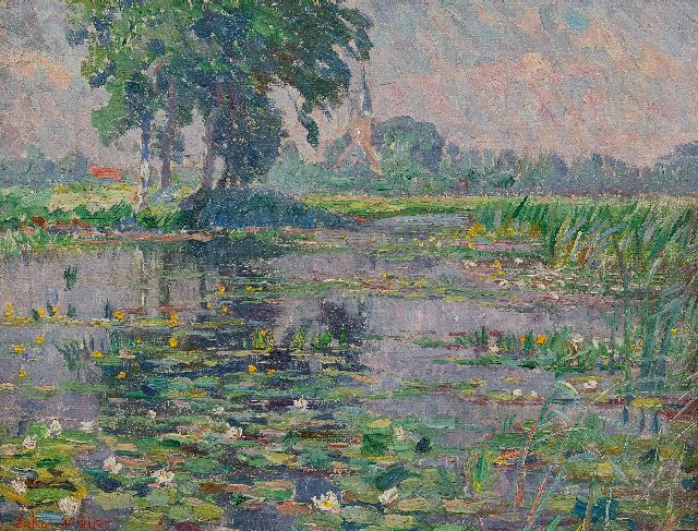 Johan Meijer | Waterplas met bloeiende waterlelies bij Kortenhoef, olieverf op doek, 22,7 x 29,5 cm, gesigneerd l.o. en op spieraam