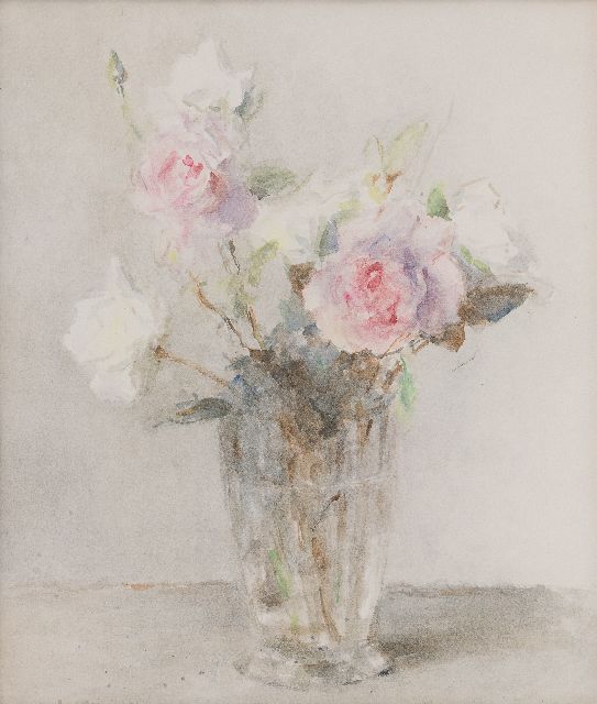 Loes van Groningen | Rozen in een glazen vaas, aquarel op papier, 44,0 x 36,2 cm, gesigneerd l.o.