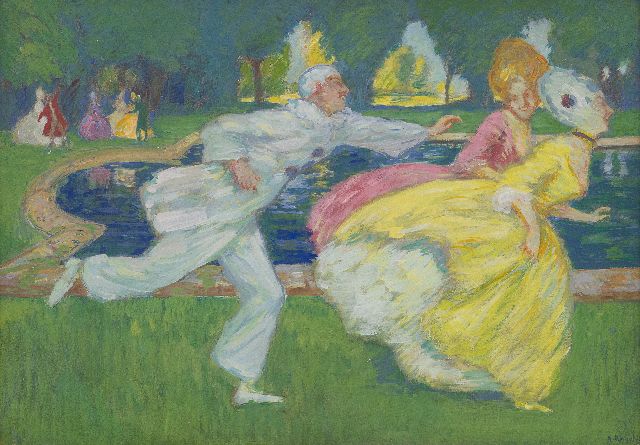 Andreas Rögels | Lichtvoetig tuinvermaak: Pierrot achter de vrouwen aan, pastel op papier, 30,0 x 42,5 cm, gesigneerd r.o.
