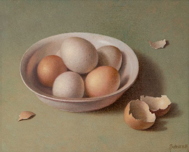 Andreas Gyula Bubarnik | Stilleven van een kom met eieren, olieverf op paneel, 24,0 x 30,0 cm, gesigneerd r.o.