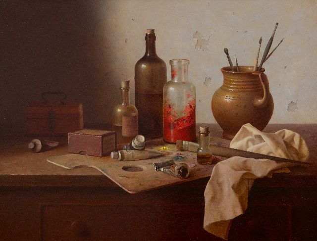 Andreas Gyula Bubarnik | Stilleven van schildersattributen op werkbank, olieverf op paneel, 50,0 x 65,0 cm, gesigneerd r.o.