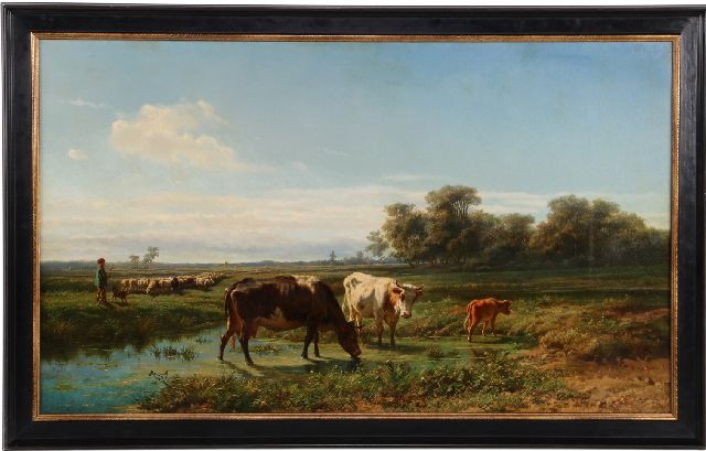 Hendrik Savrij | Weidelandschap met drinkend vee en schaapskudde, olieverf op doek, 76,7 x 129,0 cm, gesigneerd r.o.