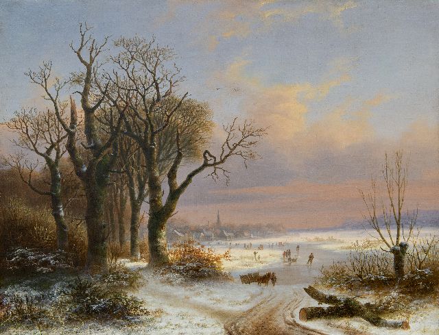 Vijver W.S.P. van der | Winterlandschap met schaatsers bij een dorp, olieverf op doek 48,8 x 62,5 cm, gesigneerd r.o. en gedateerd 1854