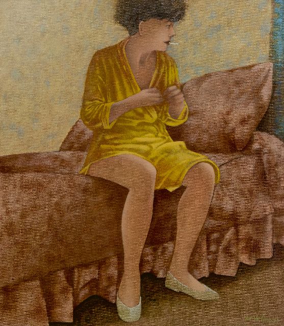 Aat Verhoog | Rokende vrouw op roze bed, olieverf op doek, 80,0 x 70,0 cm, gesigneerd r.o. en gedateerd '93