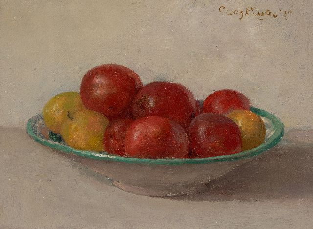 Georg Rueter | Stilleven van fruit op een schaaltje, olieverf op paneel, 17,6 x 23,3 cm, gesigneerd r.b. en gedateerd '37