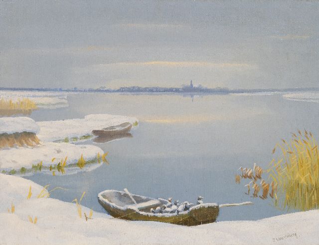 Dirk Smorenberg | Winters gezicht bij Loosdrecht met eendenfamilie in de schuit, olieverf op board, 30,3 x 39,5 cm, gesigneerd r.o.
