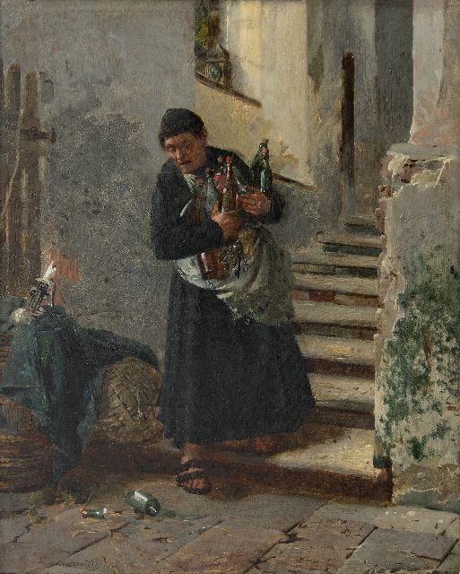 Kotschenreiter J.H.G.G.  | Het aanvullen van de wijnvoorraad, olieverf op doek 54,0 x 43,5 cm, gesigneerd l.o. en gedateerd '74