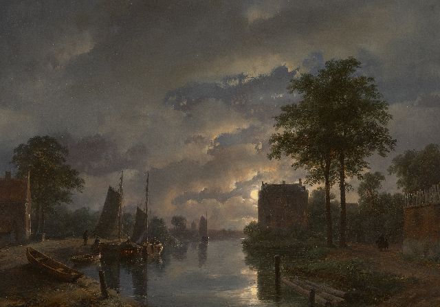 Andreas Schelfhout | Riviergezicht bij maanlicht, olieverf op paneel, 32,5 x 45,9 cm, gesigneerd r.o. en gedateerd '57