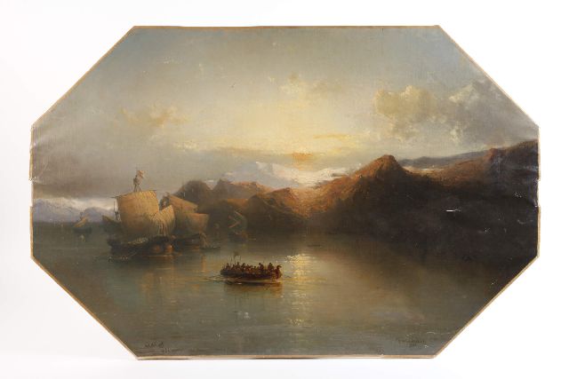 Hendriks/Rust F.H./J.A.  | Zeegezicht met schepen en bergen op achtergrond, olieverf op doek 85,0 x 130,0 cm, gesigneerd l.o. + r.o.