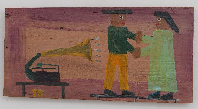 Tim Brown | Dansen bij de grammofoon, olieverf op hout, 21,6 x 42,0 cm, gesigneerd l.o. en verso met monogram en te dateren 1960-1970 verkocht