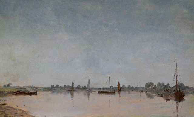 Jan Voerman sr. | IJsselgezicht met tjalken, olieverf op paneel, 31,5 x 51,9 cm, gesigneerd l.o.met initialen