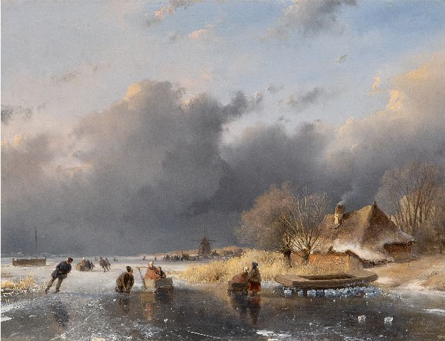 Andreas Schelfhout | Schaatsers op poldervaart bij een boerderij, olieverf op paneel, 25,2 x 32,1 cm, gesigneerd r.o.