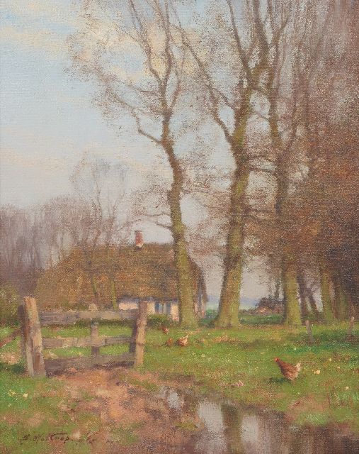 Jan Holtrup | Kippen voor een boerderij, olieverf op doek, 30,0 x 23,0 cm, gesigneerd l.o.