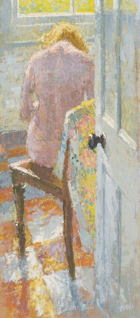 Stuart Ray | Zittend naakt in ochtendzon, olieverf op board, 52,1 x 23,9 cm, gesigneerd op achterkant lijst