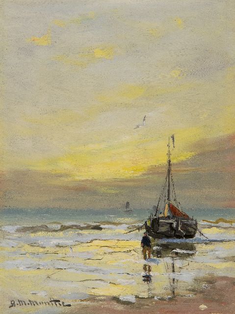 Morgenstjerne Munthe | Bomschuit met visser bij zonsondergang, olieverf op schildersboard, 20,0 x 14,8 cm, gesigneerd l.o.
