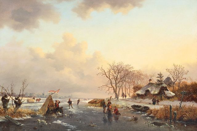 Kruseman F.M.  | Winterlandschap met schaatsers bij een 'Koek-en-Zopie', olieverf op paneel 52,1 x 78,7 cm, gesigneerd l.o. en te dateren ca. 1850