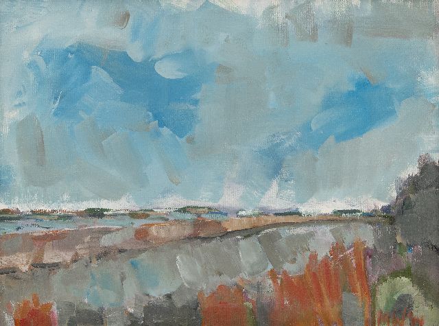 Milène Wolters-Schweitzer | Landschap, olieverf op doek, 29,9 x 40,0 cm, gesigneerd r.o. met initialen en op spieraam voluit en op spieraam gedateerd 2014