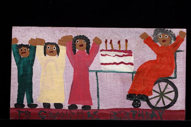 Tim Brown | Grandmas birthday, acryl op paneel, 28,3 x 53,1 cm, gesigneerd l.o. met initialen en ca 1995