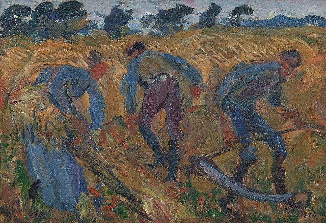 Johan Dijkstra | Maaiende landarbeiders, Groningen, olieverf op doek op paneel, 21,5 x 30,2 cm, gesigneerd r.o. en te dateren midden jaren 20