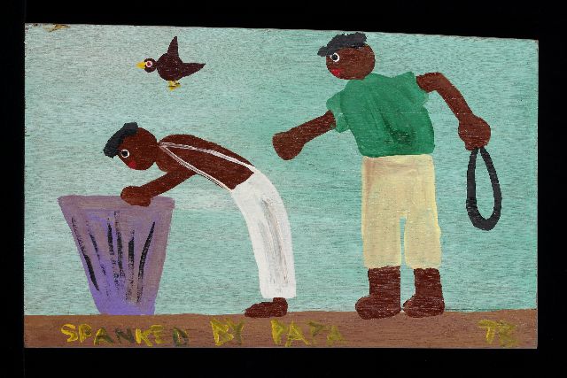Tim Brown | Spanked by papa, acryl op paneel, 34,4 x 55,5 cm, gesigneerd r.o. met initialen en ca 1995