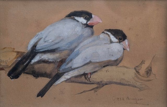 Greta Bruigom | Twee zeebravinken op een tak, aquarel op papier, 10,0 x 15,0 cm, gesigneerd r.o.